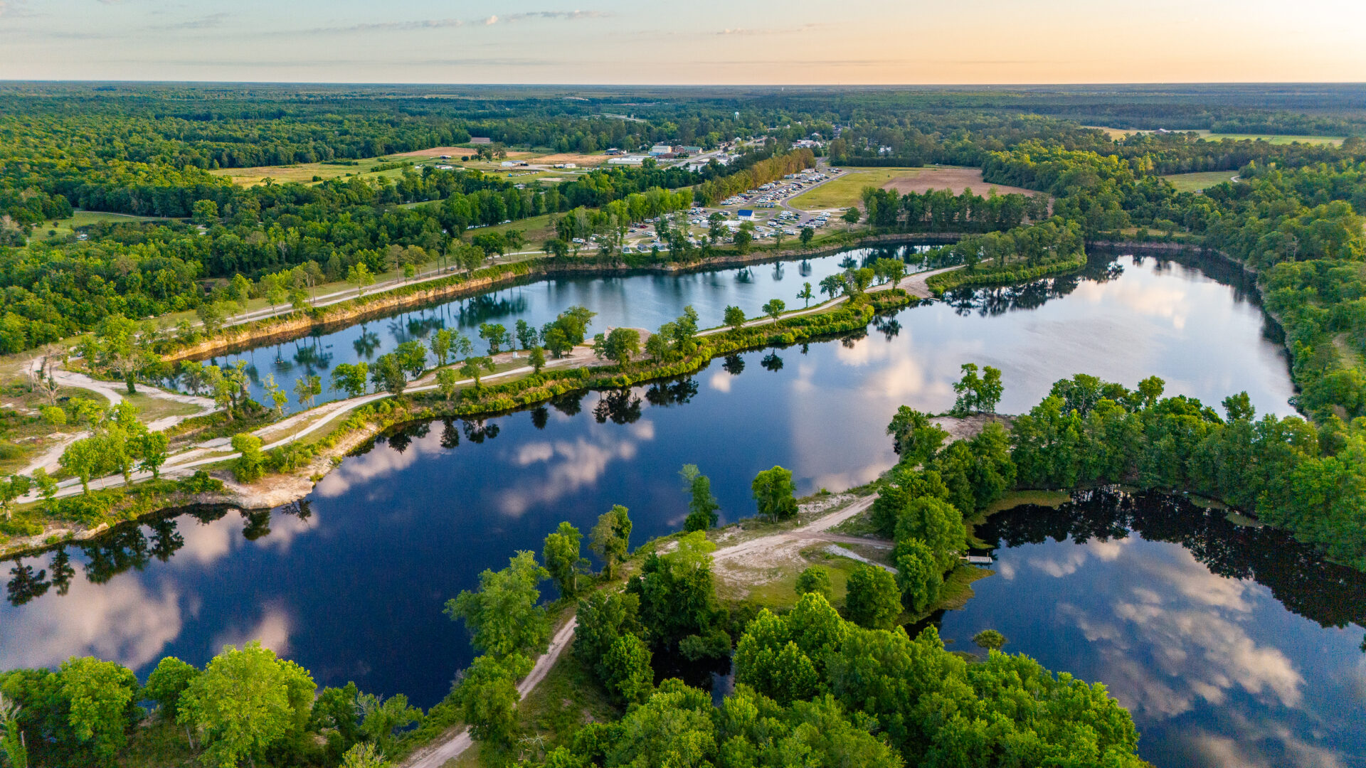Aerial view of The Lakes RV & Cabin Resort in Maysville, NC