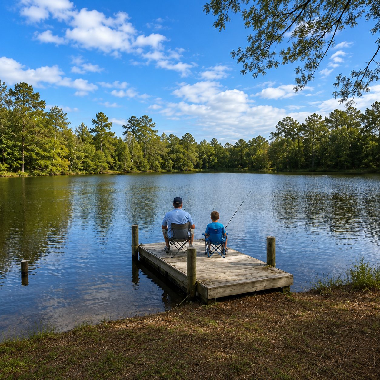 Two guests fishing from the dock on the lake at The Lakes RV & Cabin Resort